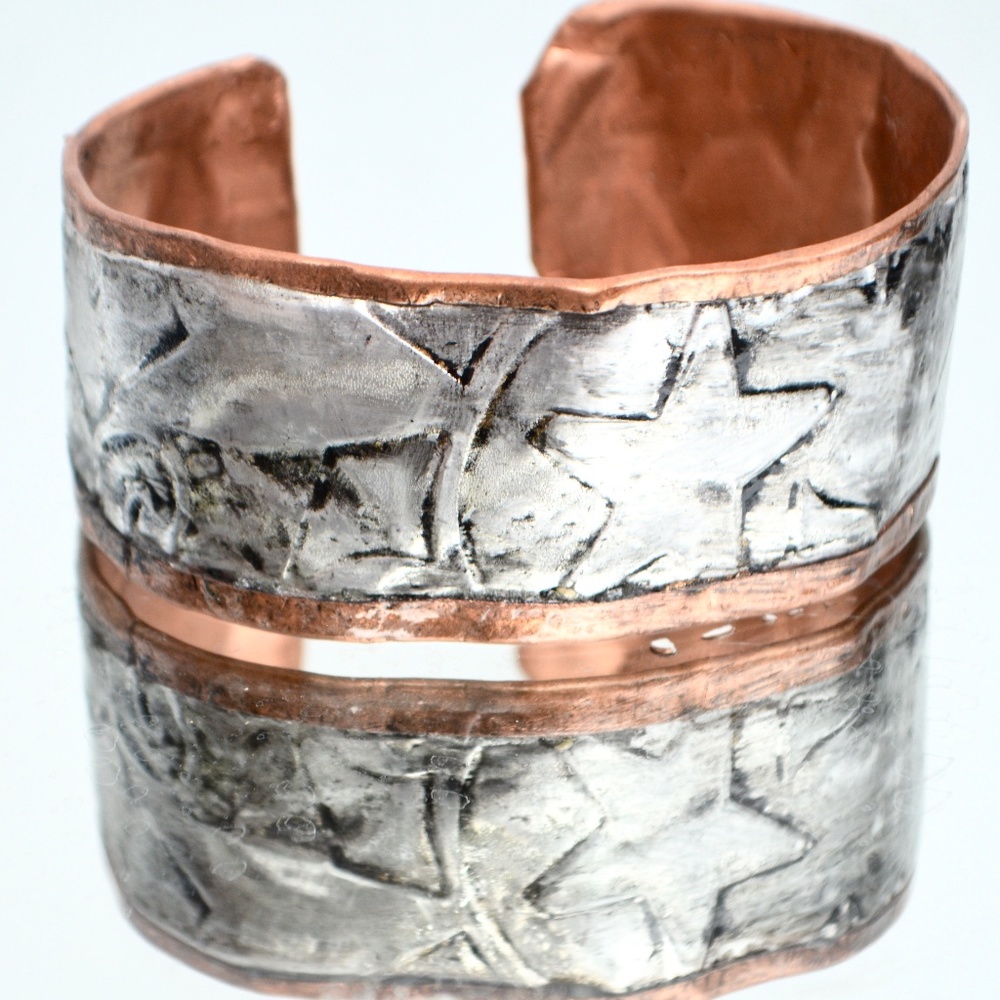 Mens Solid Copper Cuff Bracelet Silver Inlay Star Design Handmade Gift Man - Picture 4 of 7